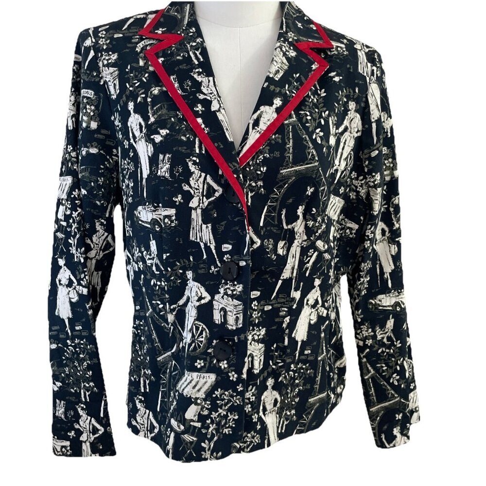 Vintage Kemp Paris Print Blazer Size 10 Black Stretch Eiffel Tower Fashion USA